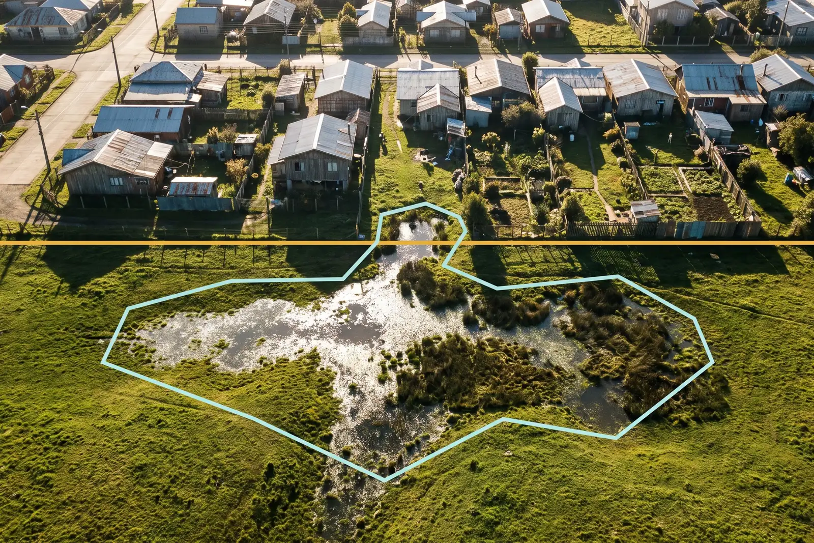 Vista aérea del borde de un pueblo del sur de Chile: la línea recta del límite urbano cruzando el encuadre y, bajo ella, el polígono de un humedal que calza con el agua y la vegetación palustre y cruza la línea con un lóbulo
