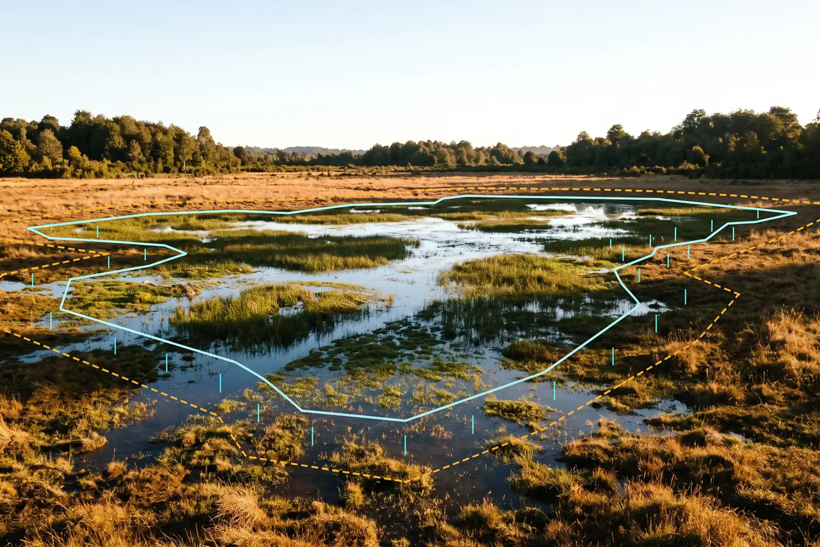 Terreno bajo del sur de Chile con espejos de agua y vegetación palustre, y sobre el terreno la delimitación de un humedal: polígono continuo en el borde de la vegetación hidrófila y una franja de resguardo punteada por fuera
