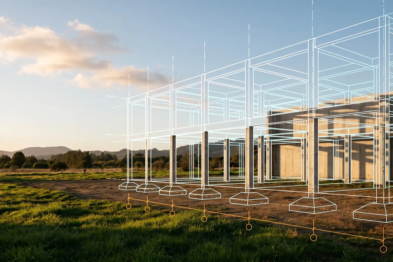 Terreno verde del sur de Chile con luz de amanecer y la estructura de un edificio de hormigón trazada en líneas de ingeniería sobre el sitio: a la izquierda solo el dibujo, y hacia la derecha el dibujo se convierte en hormigón construido